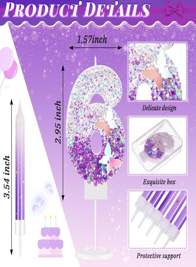 Amylove Number 6 Birthday Candle Purple Butterfly for Cake with 6 Long Thin Cupcake Candles Girls Sparkling Sequin Glitter Purple Cake Topper for Women Girl Anniversary Wedding - Image 2