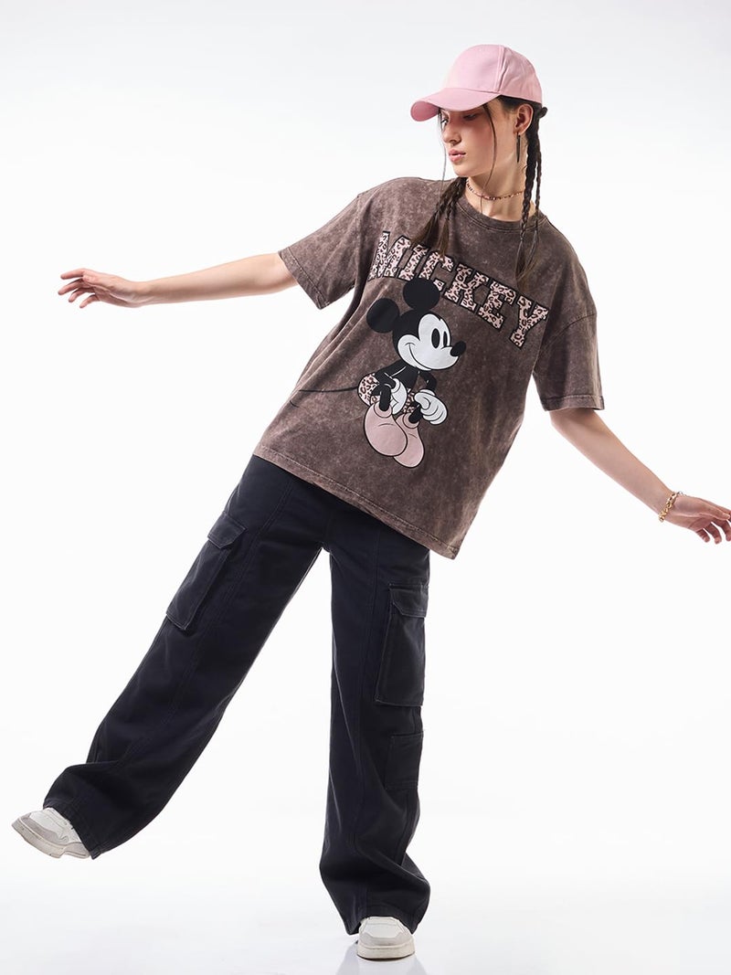 Bewakoof Official Disney Merchandise Mickey Women's Graphic Print Oversized Fit Half Sleeve Round Neck Cotton T-Shirt_627764_Brown_L - Image 2