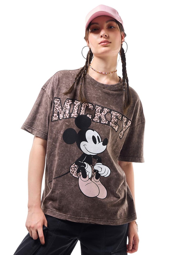 Bewakoof Official Disney Merchandise Mickey Women's Graphic Print Oversized Fit Half Sleeve Round Neck Cotton T-Shirt_627764_Brown_L - Image 1