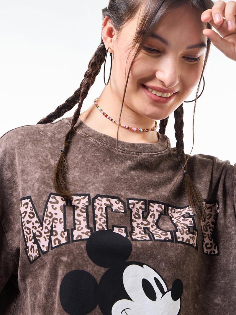 Bewakoof Official Disney Merchandise Mickey Women's Graphic Print Oversized Fit Half Sleeve Round Neck Cotton T-Shirt_627764_Brown_L - Image 4