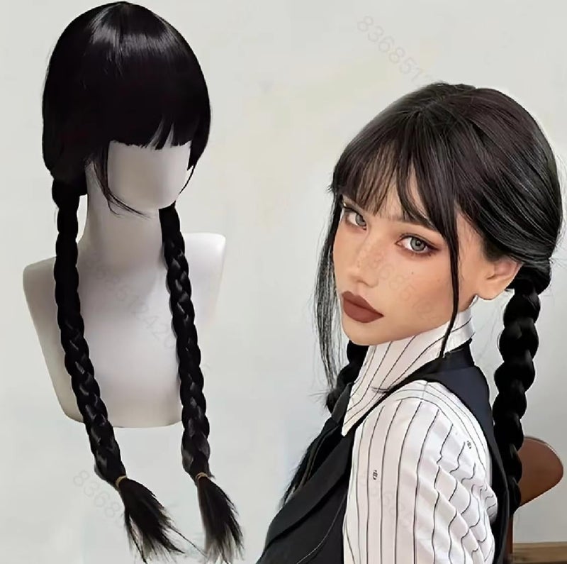 ChicAbode Long Black Braided Wig with Bangs, Synthetic Hair for Halloween Cosplay Costume, Daily Party Wigs - Image 4