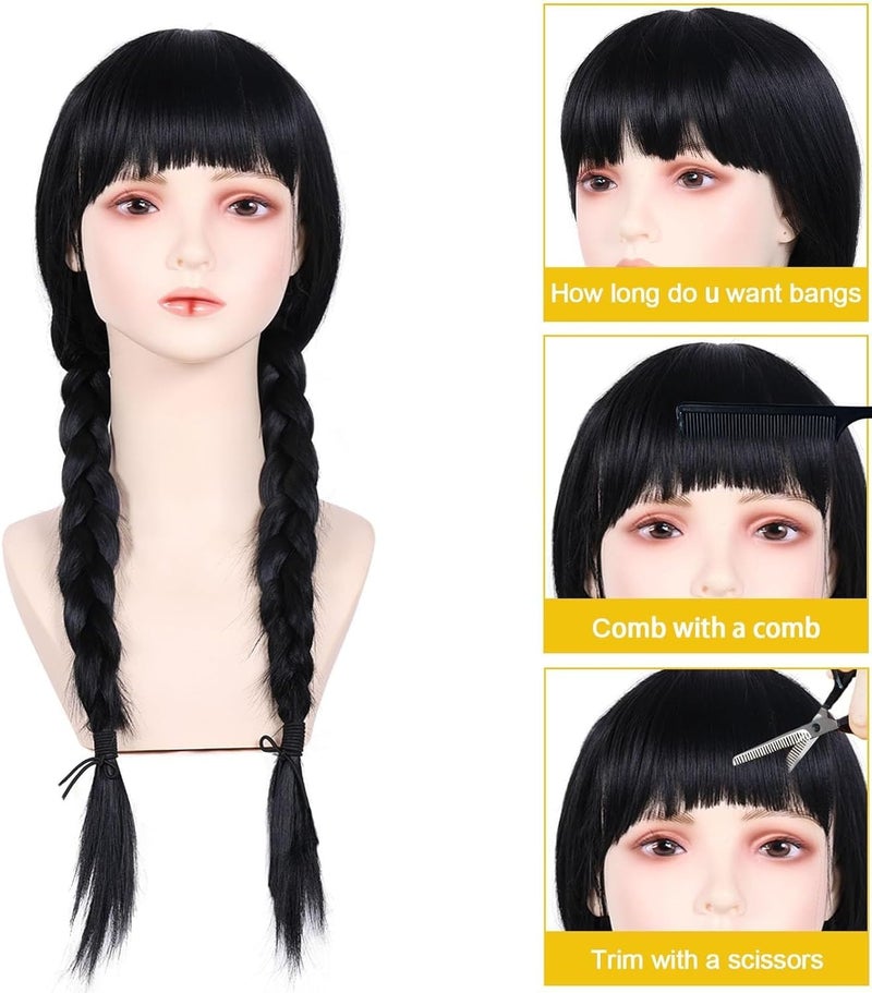 ChicAbode Long Black Braided Wig with Bangs, Synthetic Hair for Halloween Cosplay Costume, Daily Party Wigs - Image 5