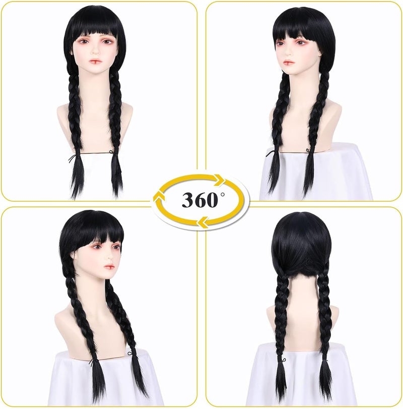 ChicAbode Long Black Braided Wig with Bangs, Synthetic Hair for Halloween Cosplay Costume, Daily Party Wigs - Image 3