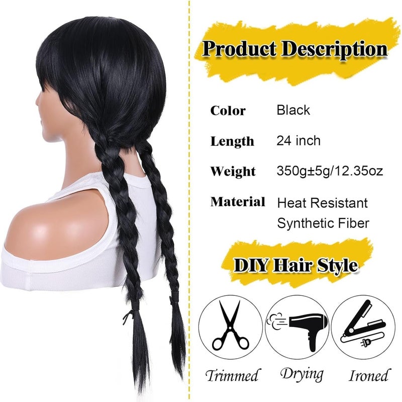 ChicAbode Long Black Braided Wig with Bangs, Synthetic Hair for Halloween Cosplay Costume, Daily Party Wigs - Image 2