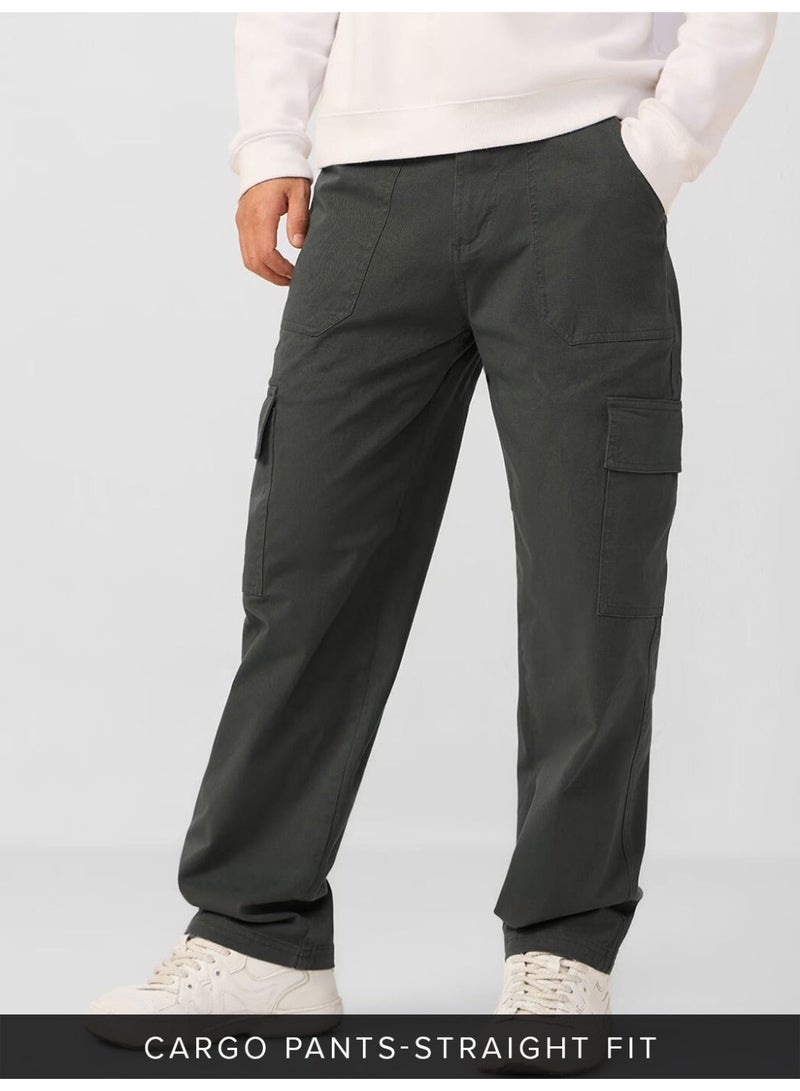 The Souled Store Men Dark Grey Solid Straight Fit Cargo Pants - Image 1