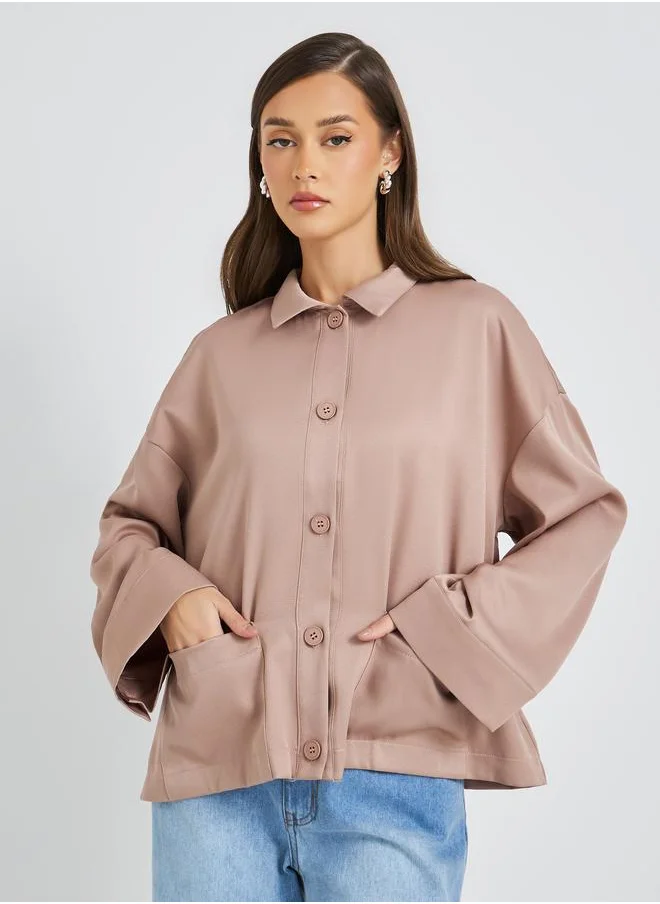ستايلي Styli Solid Button Front Boxy Fit Jacket with Patch Pockets