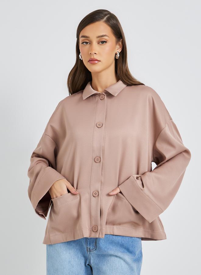 ستايلي سترة بياقة ثابتة وأزرار أمامية بقصة واسعة وجيوب مرقعة - Image 1