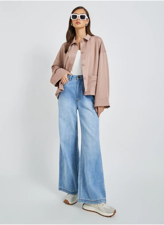 ستايلي Styli Solid Button Front Boxy Fit Jacket with Patch Pockets