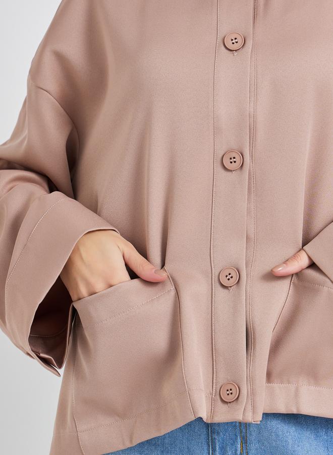 ستايلي سترة بياقة ثابتة وأزرار أمامية بقصة واسعة وجيوب مرقعة - Image 4