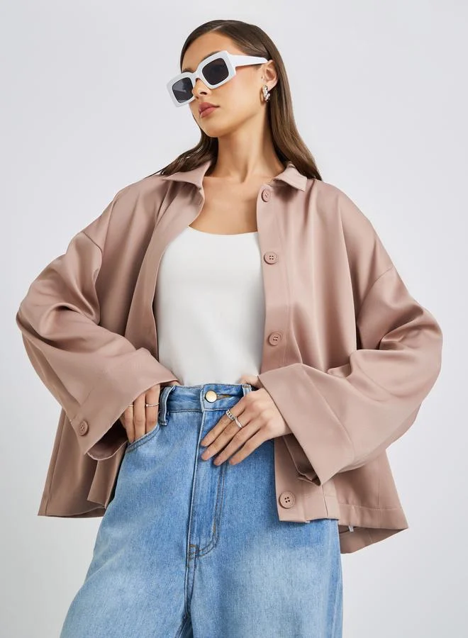 Styli Styli Solid Button Front Boxy Fit Jacket with Patch Pockets