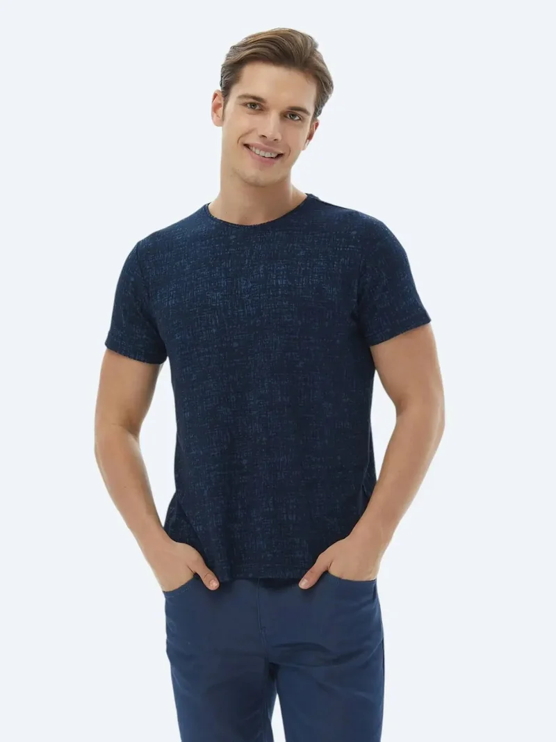Kip Navy Blue Jacquard Crew Neck Cotton Blended T-Shirt