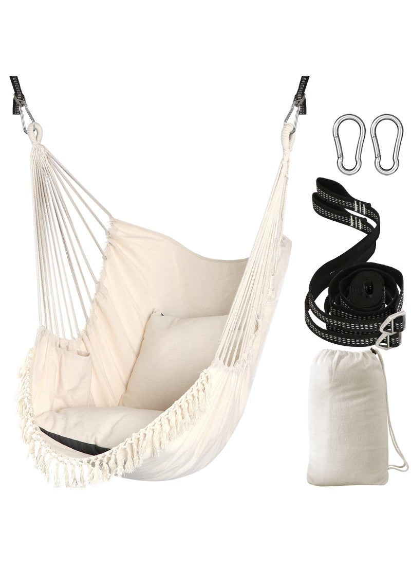 Chihee Chihee Hammock Chair Hanging Swing 2 Pillows IncludedStrong Webbing Straps and Hooks for Easy Hanging Soft Cotton Hanging Chair Side Pocket Tassel Chair Comfort Indoor Outdoor 