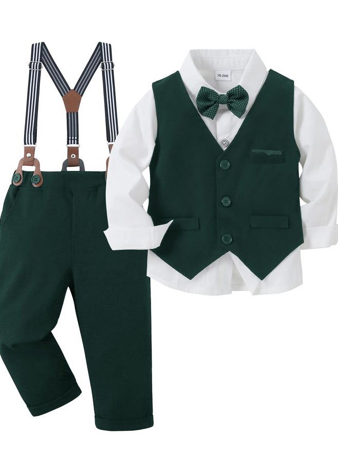 nilikastta Toddler Baby Boy Clothes Suit Gentleman Wedding Outfits Formal Dress Shirt/Bowtie/Vest/Suspender Pants 1-9years, A Green, 12-18 Months - Image 1