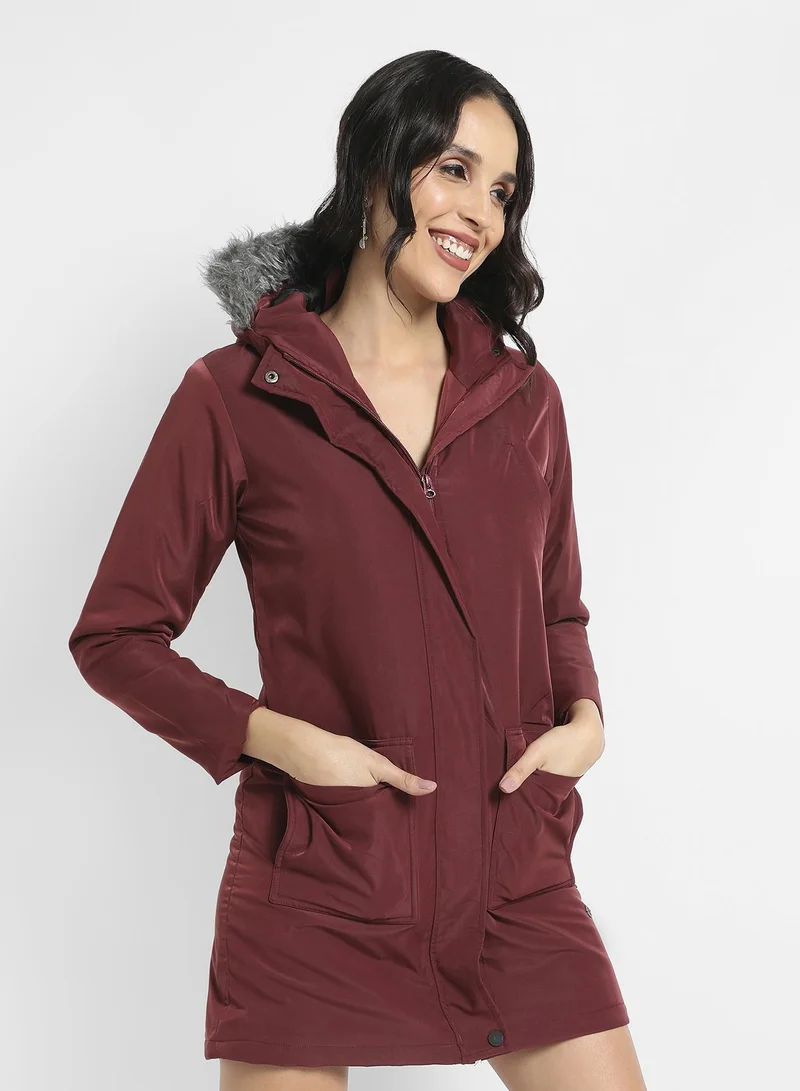 Campus Sutra Women's Maroon Long Puffer Jacket With Fur Detail