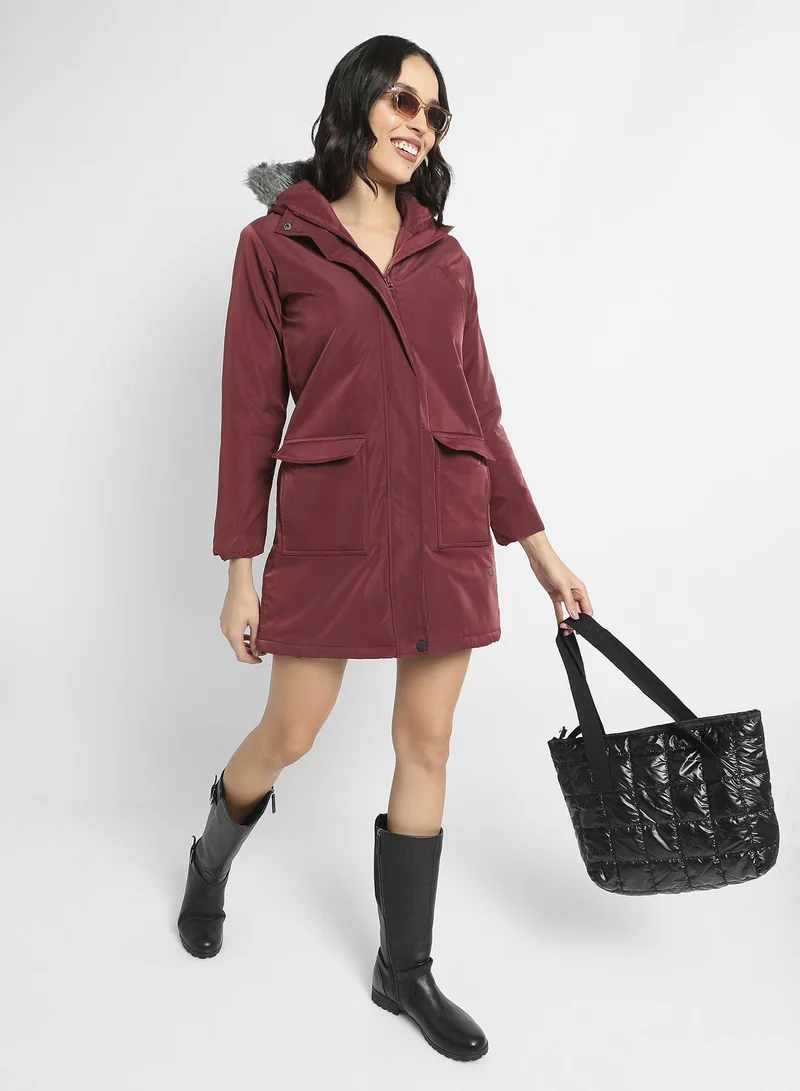 Campus Sutra Women's Maroon Long Puffer Jacket With Fur Detail