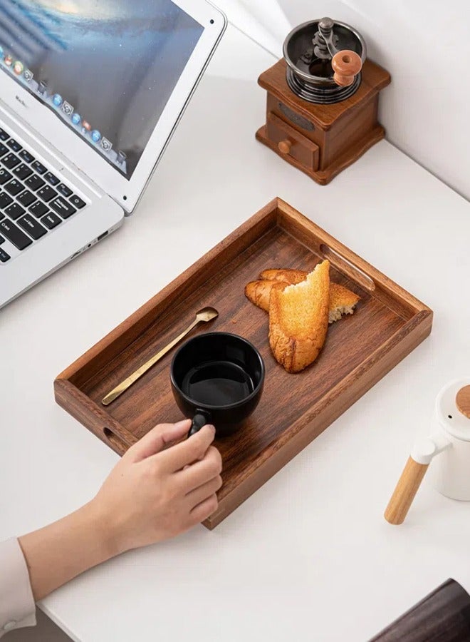 Wooden Rectangular Serving Tray (30x20cm) - Multi-Use for Breakfast, Dinner,Drinks,Snacks,Tea,Coffee | Serving Tray with Handles Great for Eating | Working and Storing | Used in Bedroom, Kitchen,Living Room and Bathroom | Spill-Resistant Brown Tray  - Image 3