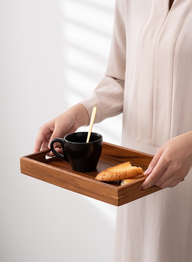 Wooden Rectangular Serving Tray (30x20cm) - Multi-Use for Breakfast, Dinner,Drinks,Snacks,Tea,Coffee | Serving Tray with Handles Great for Eating | Working and Storing | Used in Bedroom, Kitchen,Living Room and Bathroom | Spill-Resistant Brown Tray  - Image 4