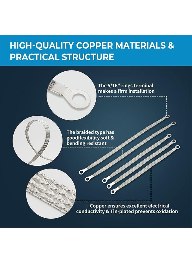 MVAQKLM  5PCS Universal Flat Braided Copper Ground Strap Professional Vehicle Grounding Cable Straps with Terminals Plugs Tinplate Silver Color Automotive Engine Copper Ground Strap for Most Cars - Image 4