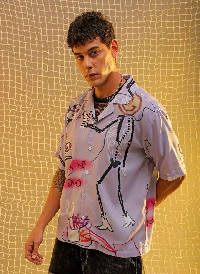 The Indian Garage Co Men Oversized Graphic Print Half Sleeves Cuban Collar Street Wear Shirt