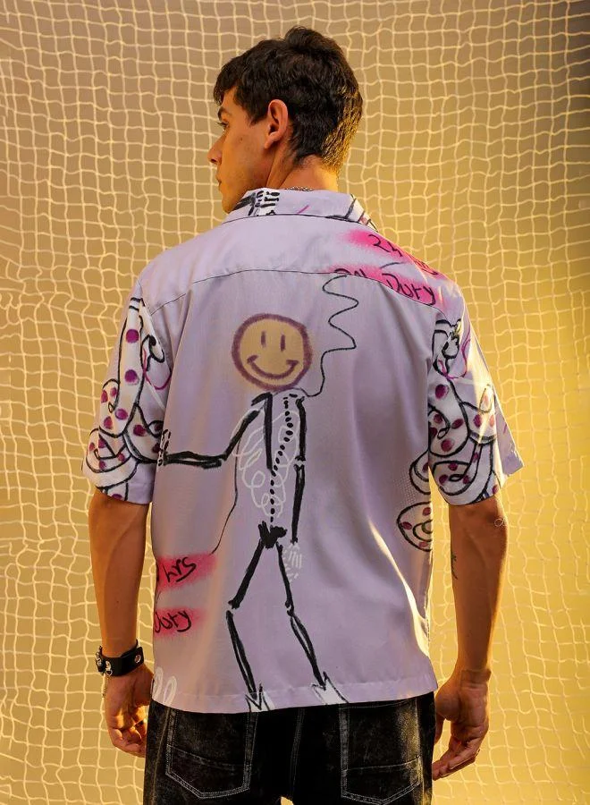 The Indian Garage Co Men Oversized Graphic Print Half Sleeves Cuban Collar Street Wear Shirt