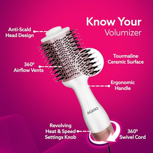 AGARO HV2179 Hot Air Brush for Hair, Hair Blow Dryer Brush, Volumizer & Styler, 360° Airflow Vent, Oval Barrel for Hair Volume, Charcoal Bristles, Ceramic Tourmaline Coating Brush Head, 1200W, White - Image 4