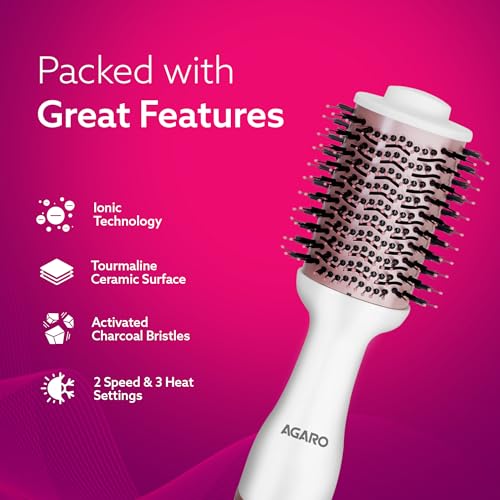 AGARO HV2179 Hot Air Brush for Hair, Hair Blow Dryer Brush, Volumizer & Styler, 360° Airflow Vent, Oval Barrel for Hair Volume, Charcoal Bristles, Ceramic Tourmaline Coating Brush Head, 1200W, White - Image 2