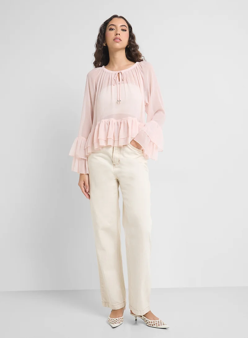 VERO MODA Tie Neck Ruffle Tiered Detail Top