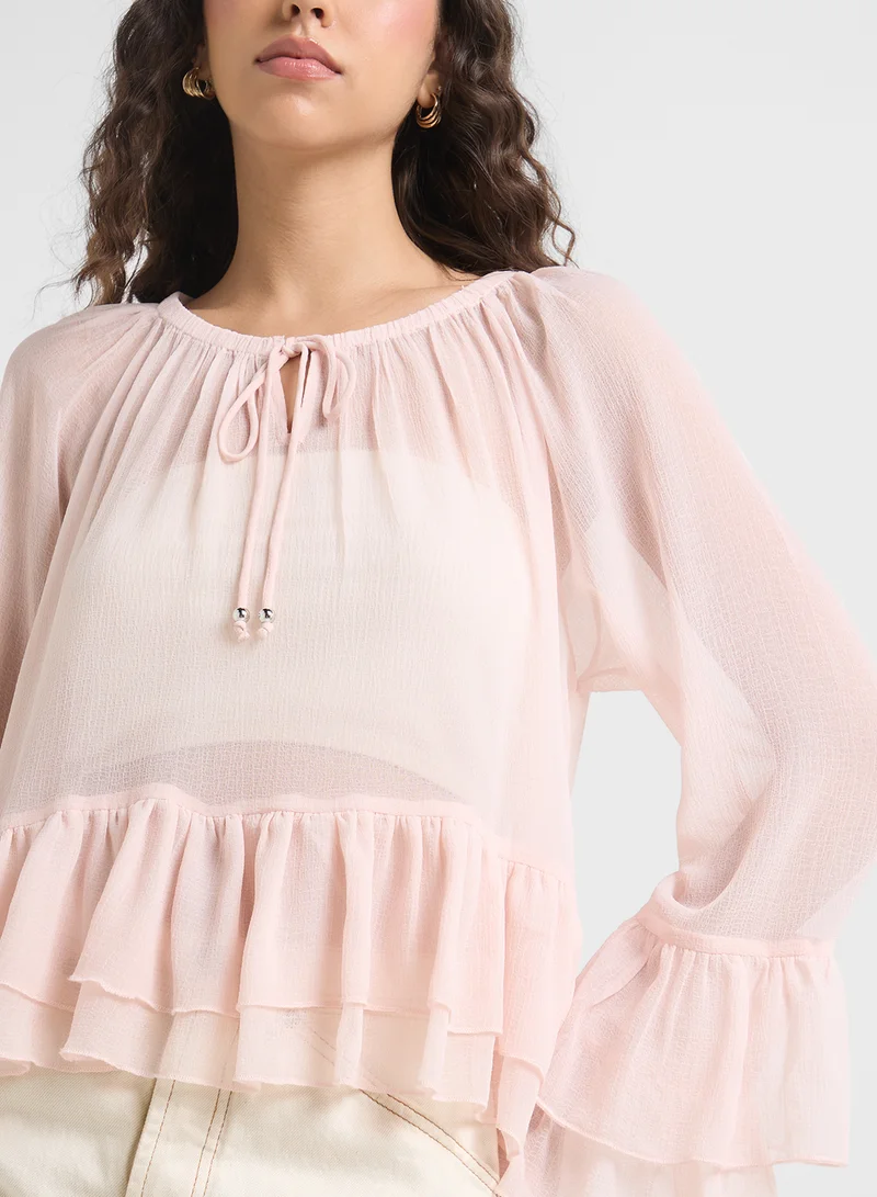 VERO MODA Tie Neck Ruffle Tiered Detail Top