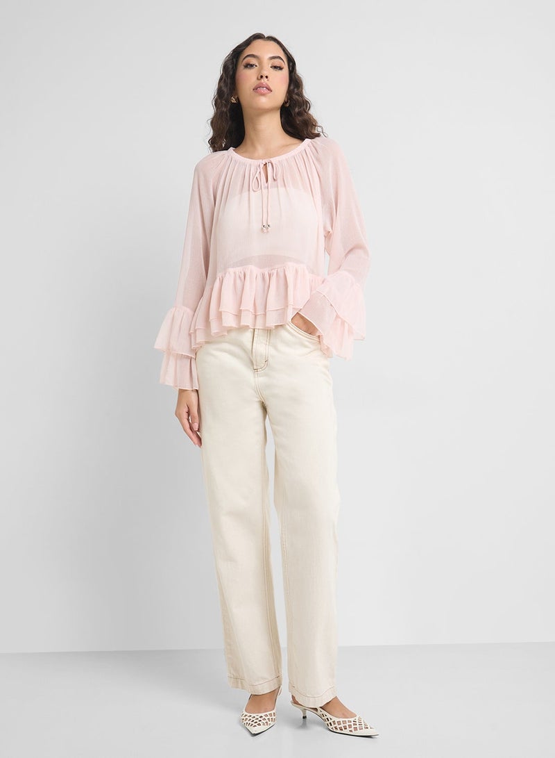 VERO MODA Tie Neck Ruffle Tiered Detail Top - Image 4