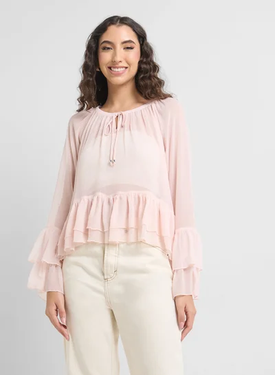 VERO MODA Tie Neck Ruffle Tiered Detail Top