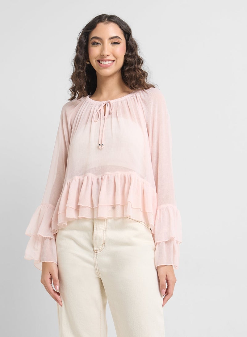 VERO MODA Tie Neck Ruffle Tiered Detail Top - Image 1