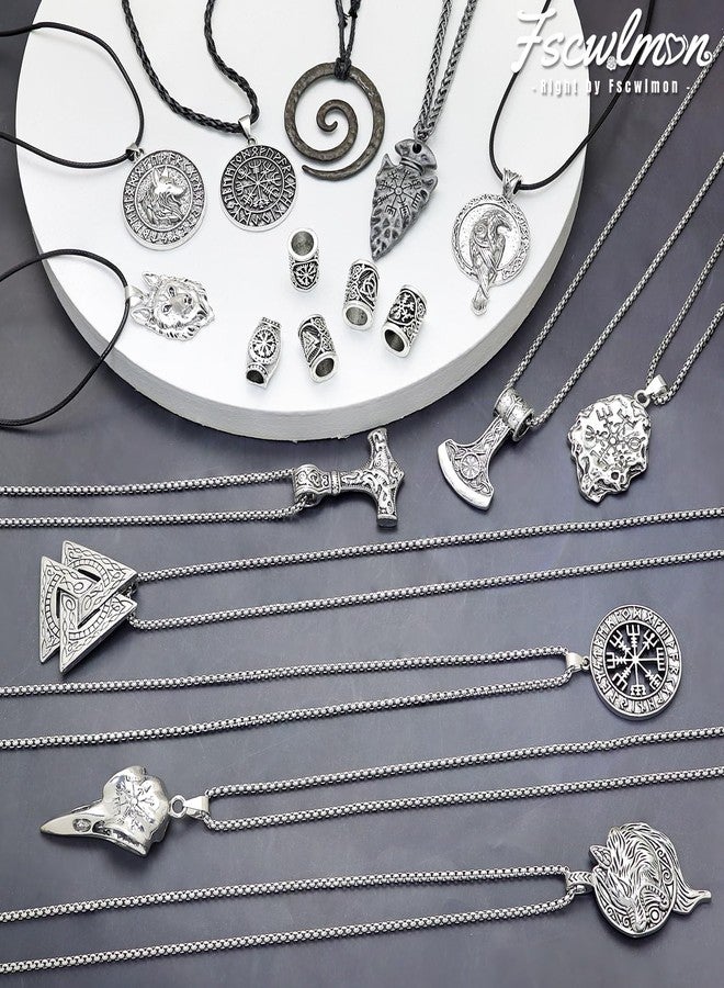 Fscwlmon 18pcs Norse Viking Amulet Necklaces Viking Hair Accessories for Men Women Hammer Compass Axe Wolf Pendant Talisman Necklace Nordic Runes Beard Hair Beads Vintage Jewelry Bracelet DIY Gift - Image 5