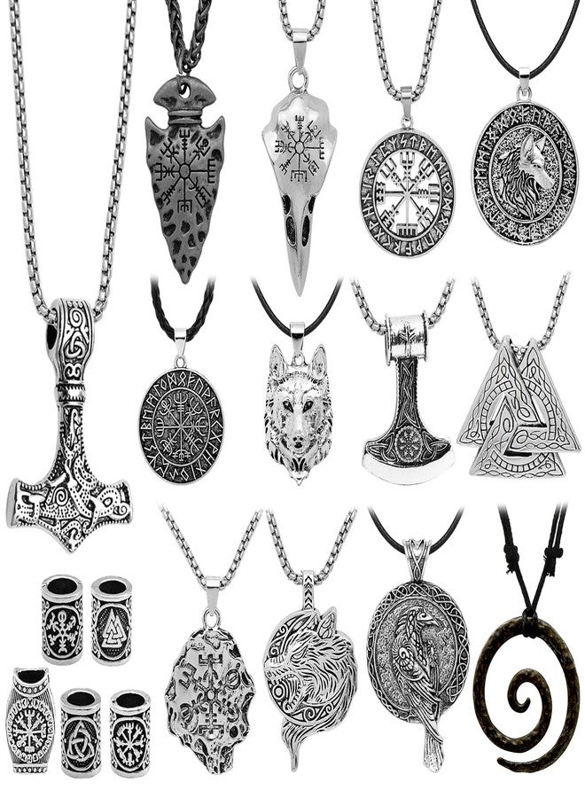 Fscwlmon 18pcs Norse Viking Amulet Necklaces Viking Hair Accessories for Men Women Hammer Compass Axe Wolf Pendant Talisman Necklace Nordic Runes Beard Hair Beads Vintage Jewelry Bracelet DIY Gift - Image 1