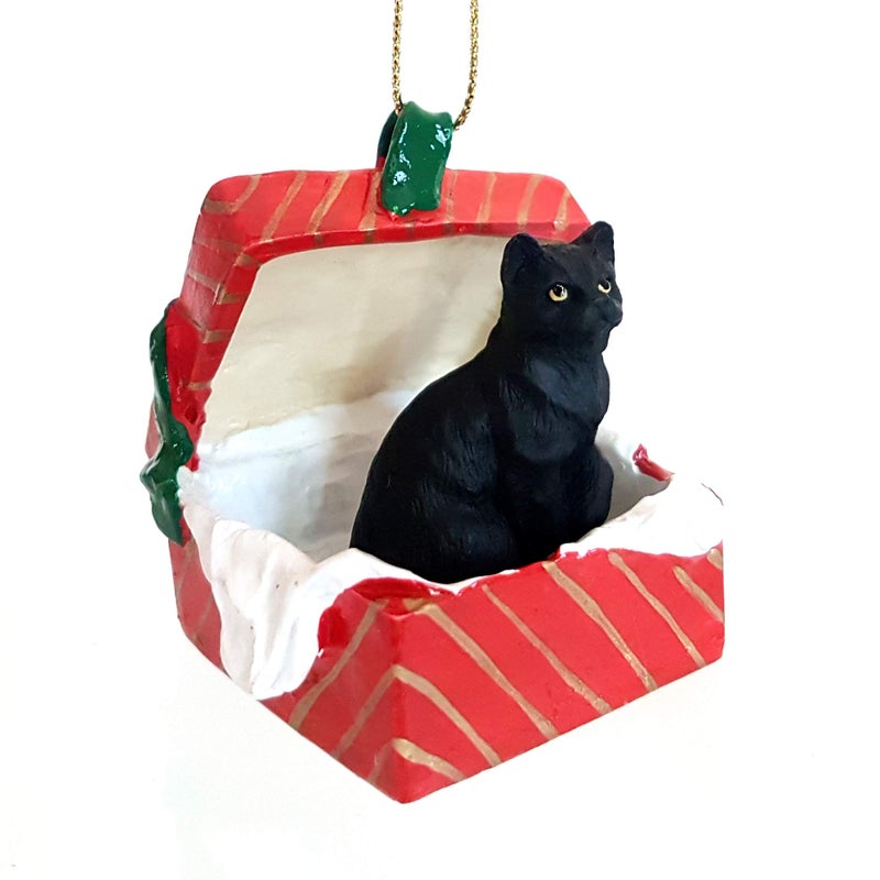 Conversation Concepts Black Shorthaired Tabby Cat Gift Box Polyethylene Terephthalate Red Ornament - Image 1