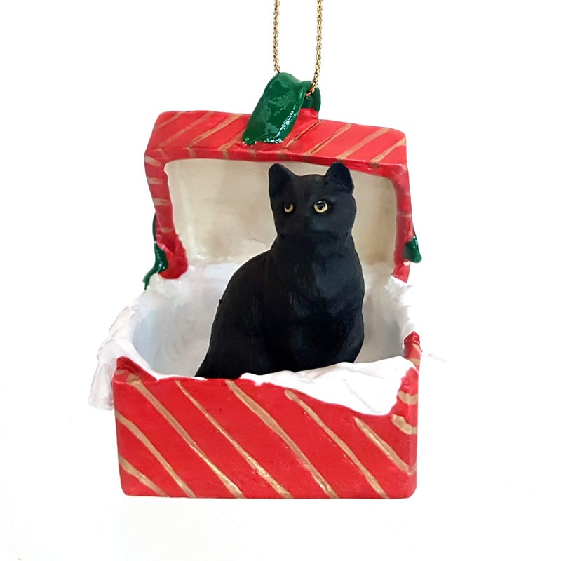 Conversation Concepts Black Shorthaired Tabby Cat Gift Box Polyethylene Terephthalate Red Ornament - Image 2