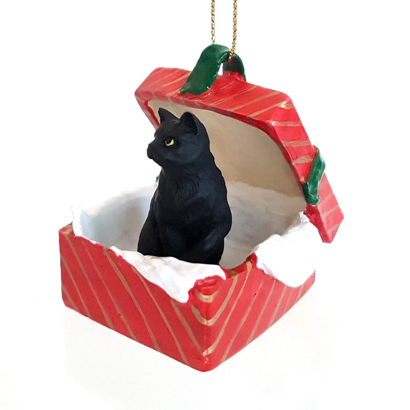 Conversation Concepts Black Shorthaired Tabby Cat Gift Box Polyethylene Terephthalate Red Ornament - Image 3