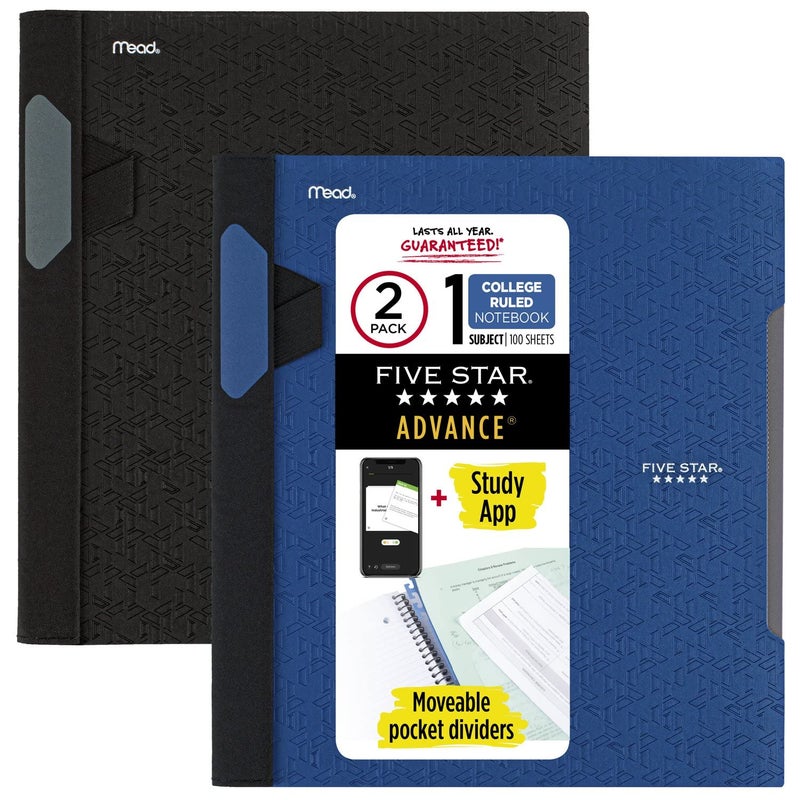 Mead Advance Spiral Notebooks + Study App, 2 Pack, 1 Subject, College Ruled Paper, 11" x 8-1/2", 100 Sheets, With Spiral Guard and Movable Dividers, Black, Pacific Blue (820112) - Image 1