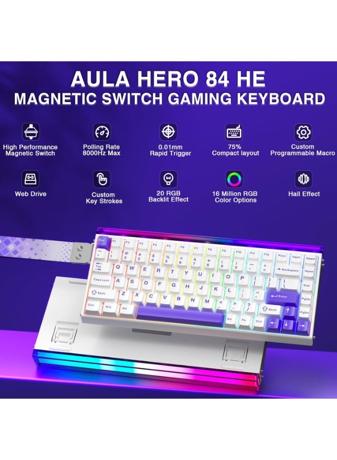 AULA Aula Hero 84 HE - 75% Mechanical Gaming Keyboard Wired, Magnetic Switches Hot Swappable Hall Effect Keyboard, Rapid Trigger Mode 8000Hz Polling Rate, RGB Neon Light Box, Gamers Keyboards for PC/Mac (WhitePurple-Black Emperor Axis)  - Image 2