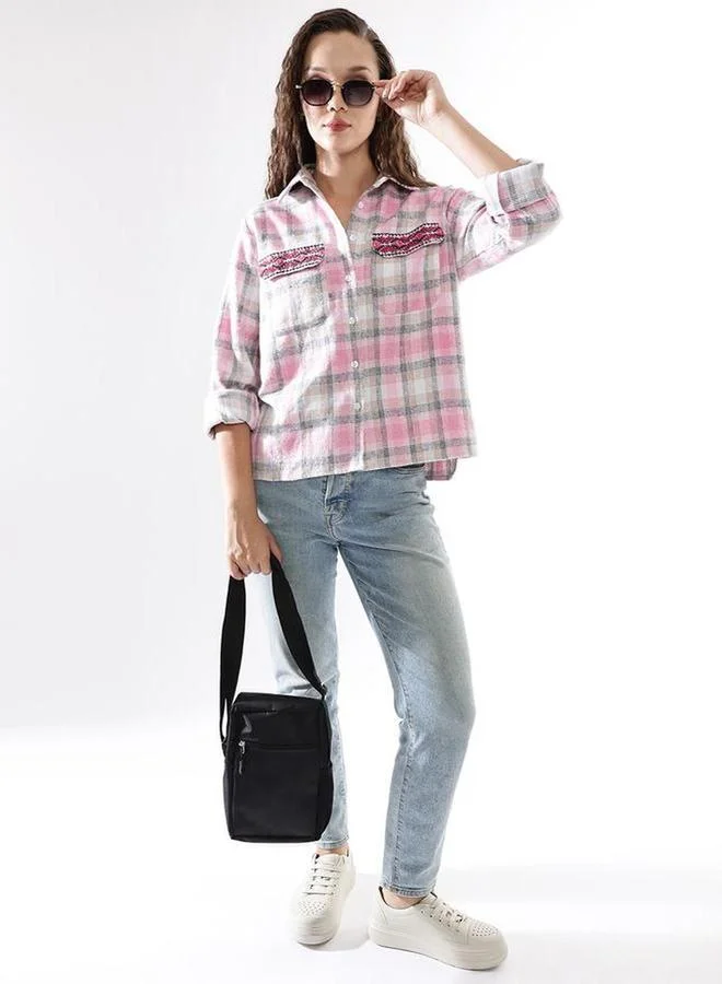 High Star Pink 100% Cotton Embroidered Relaxed Shirt