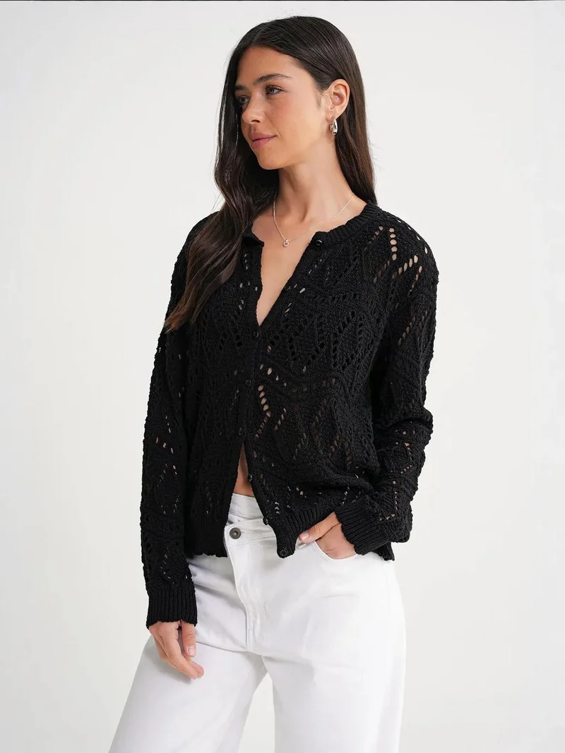 MixRay Mixray Textured Knit Cardigan with Button Closure