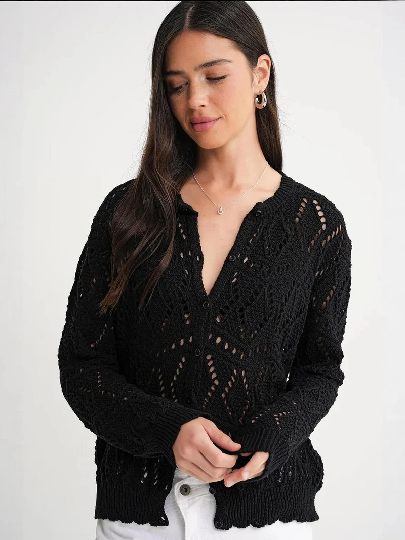 MixRay Black Mixray Textured Knit Cardigan with Button Closure for Women | Best Price UAE