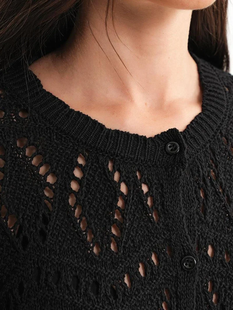 MixRay Black Mixray Textured Knit Cardigan with Button Closure for Women | Best Price UAE
