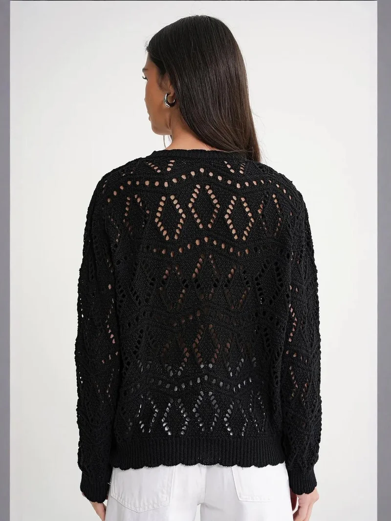MixRay Black Mixray Textured Knit Cardigan with Button Closure for Women | Best Price UAE