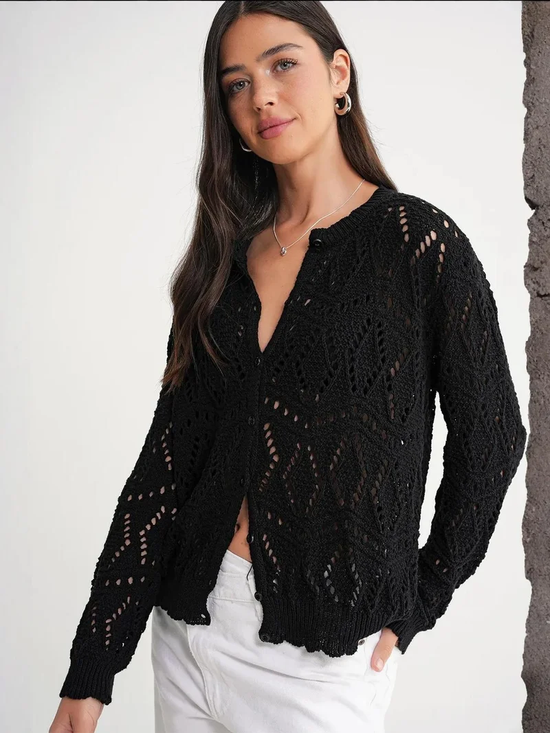 MixRay Black Mixray Textured Knit Cardigan with Button Closure for Women | Best Price UAE