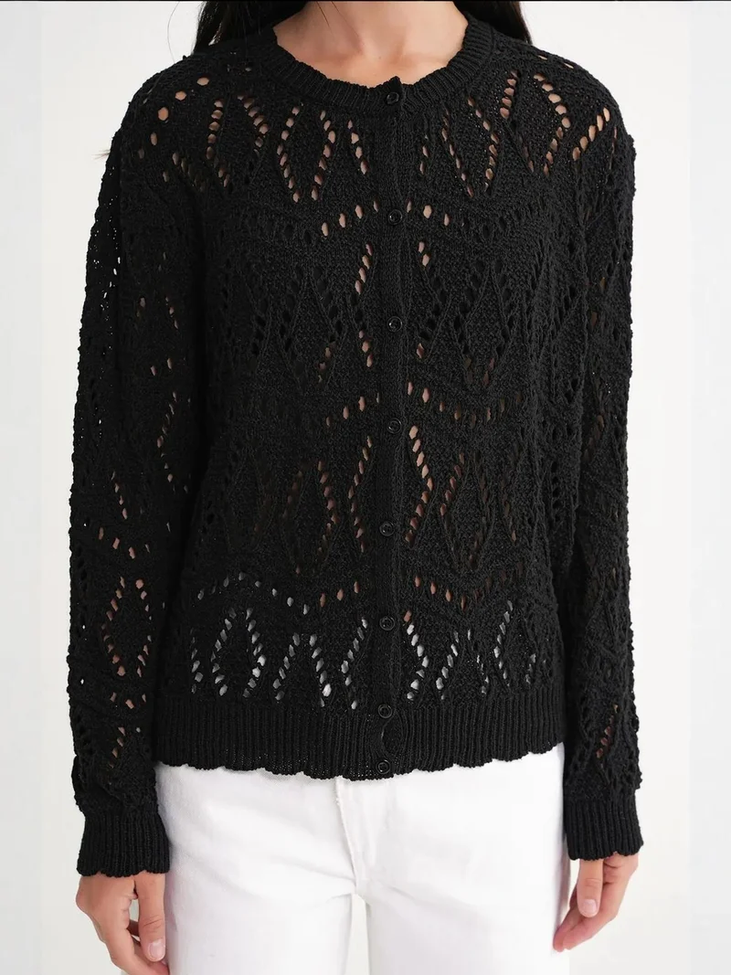 MixRay Black Mixray Textured Knit Cardigan with Button Closure for Women | Best Price UAE