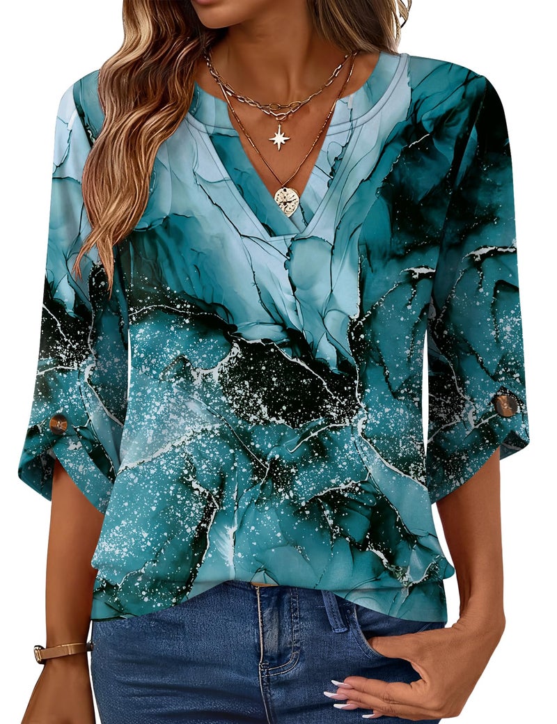 Kistore Ladies Tops for Women V Neck Business Work Blouses Fashion Floral Print Shirt Loose Basic Tee Gradient Green L - Image 1