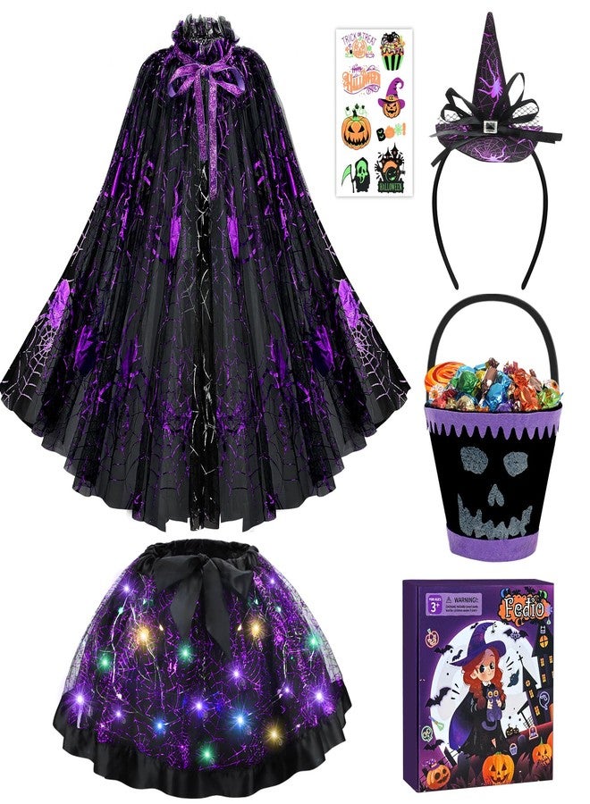 Fedio Girls Halloween Costume - Spider Witch Cape With Light Up Tutu, Witch Headband, Trick or Treat Bucket Bag for Toddlers Ages 3-8 - Image 1