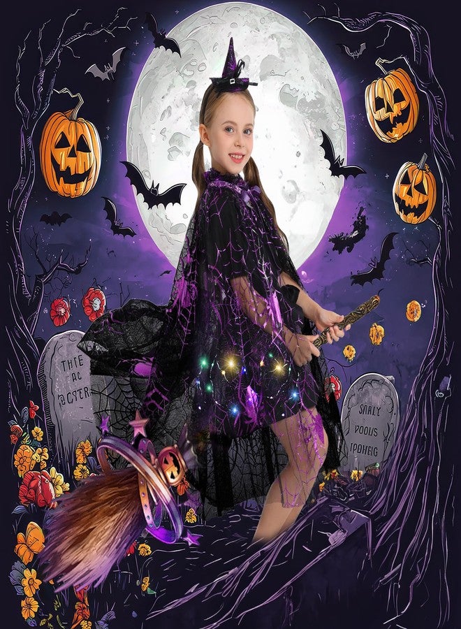 Fedio Girls Halloween Costume - Spider Witch Cape With Light Up Tutu, Witch Headband, Trick or Treat Bucket Bag for Toddlers Ages 3-8 - Image 2