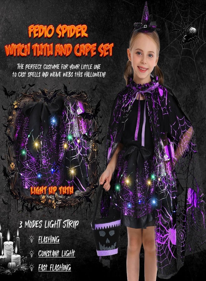 Fedio Girls Halloween Costume - Spider Witch Cape With Light Up Tutu, Witch Headband, Trick or Treat Bucket Bag for Toddlers Ages 3-8 - Image 3