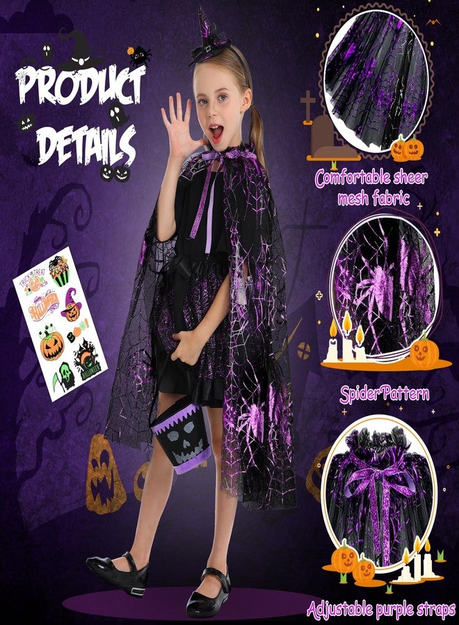 Fedio Girls Halloween Costume - Spider Witch Cape With Light Up Tutu, Witch Headband, Trick or Treat Bucket Bag for Toddlers Ages 3-8 - Image 5